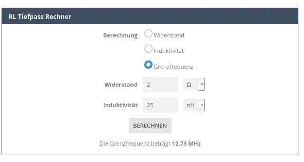 Tiefpassrechner 25nH an 2 O