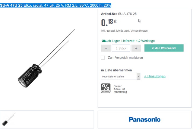 SU-A 47U 25 Elko, Radial, 47 µF, 25 V, RM 2,5, 85°C, 2000 H, 20%