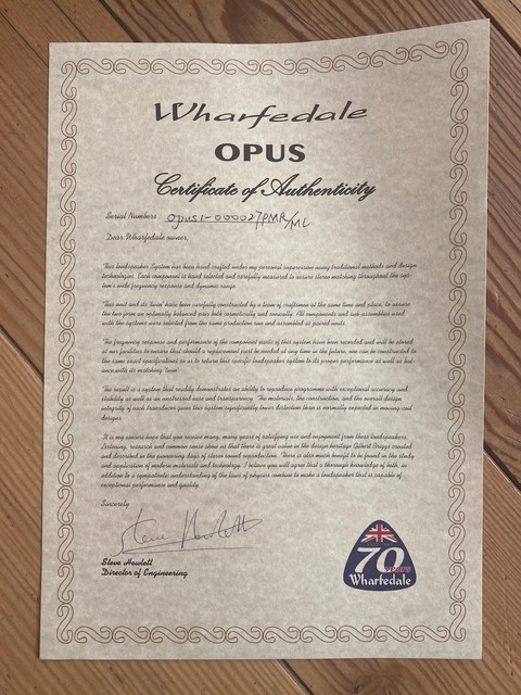 Zertifikat Wharefedale Boxen Opus 1