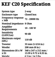 KEF C20 specification