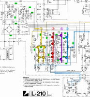 Luxman L-210 schematic detail left power amp and power supply with positive regulators stages and voltages marked